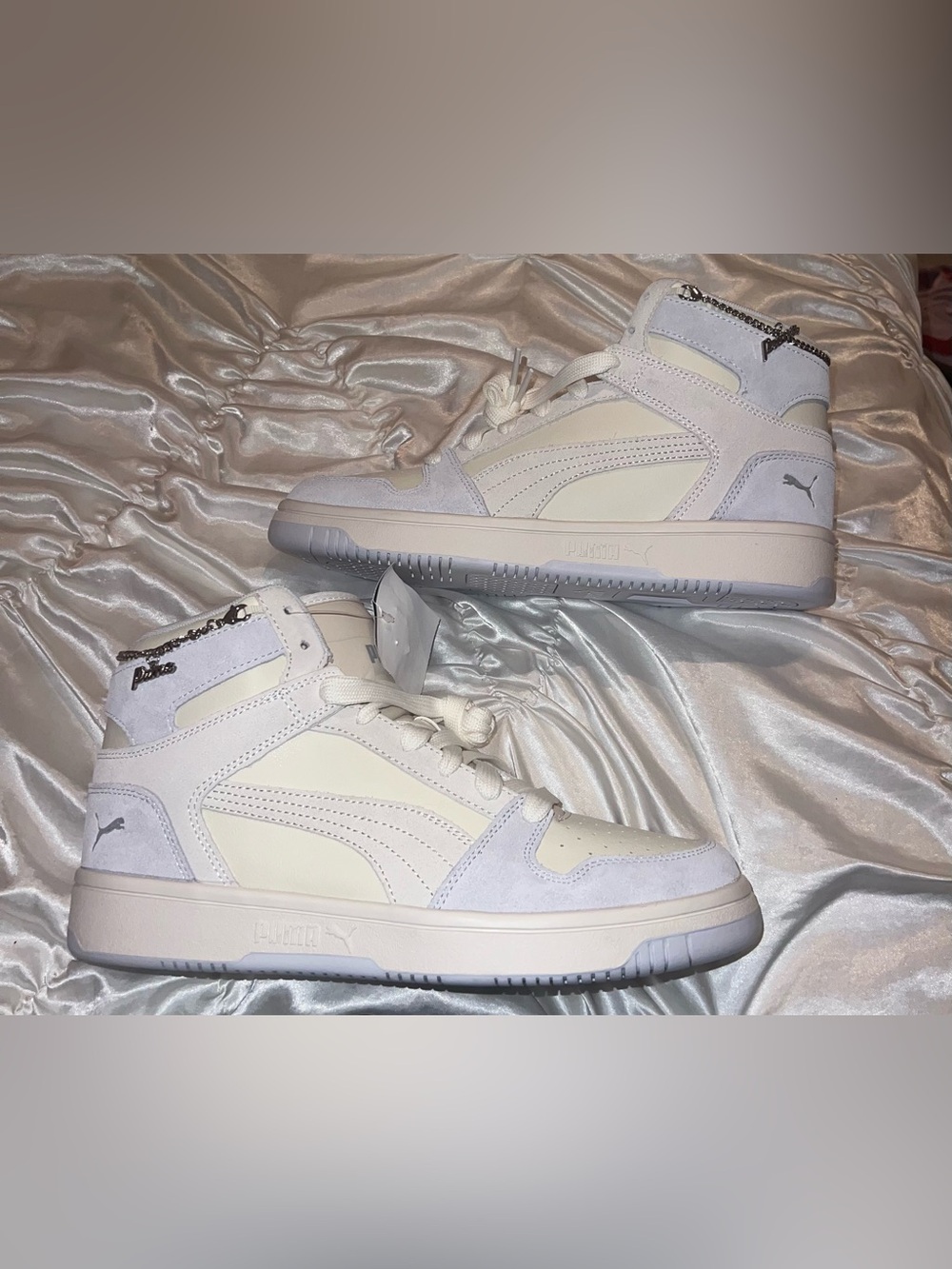 Puma Women's Cream & Light blue High-Top Sneakers with subtle chain link